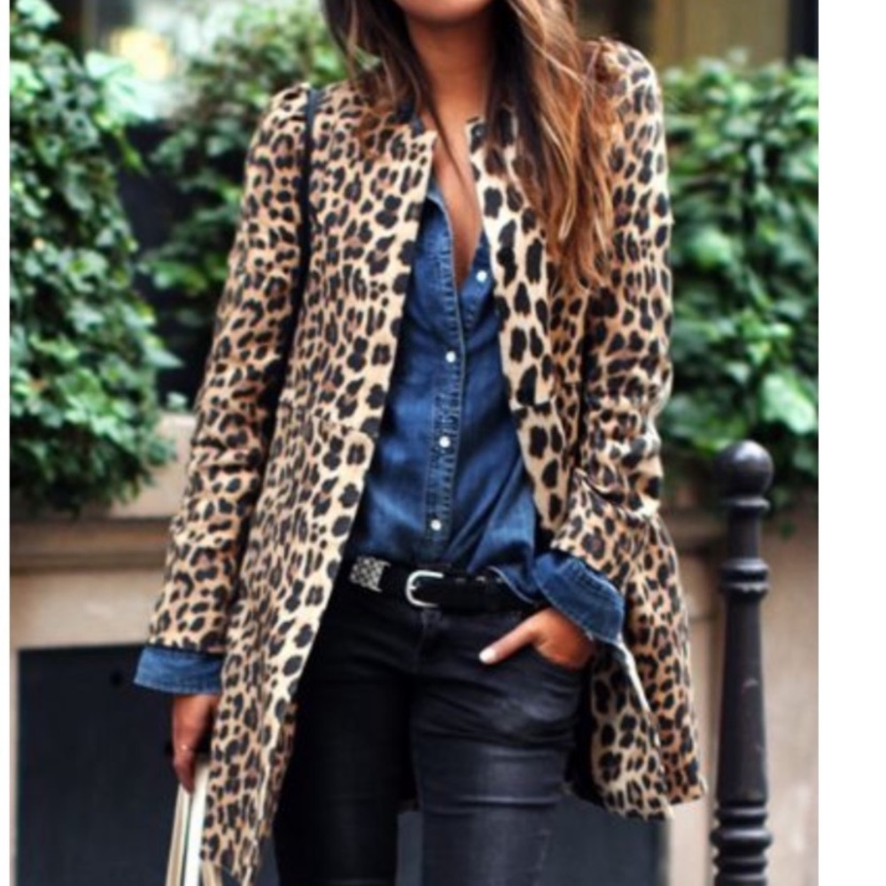 ZARA Tailored Leopard Print Cheetah Coat Jacket Blazer Fitted Small Cotton